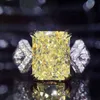 Huitan Novel Design Yellow Cubic Zirconia Square Stone Women Ring Wedding Ceremongy Party Finger Accessories Statement Jewelry