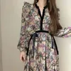Koreanische Gedruckt Floral Vintage Chiffon Kleid Frauen Herbst Frühling Langarm V-ausschnitt Hohe Taille Casual Kleider Weibliche Vestido 210423