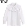 TRAF Women Sweet Fashion Borduurwerk Verwikkelde witte blouses Vintage Puff Sleeve Knoppen Vrouwelijke shirts Blusas Chic Tops 210415