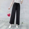 탄성 높은 허리 넓은 다리 바지 여성 단단한 바지 Streetwear 쉬폰 여성 포켓 플러스 사이즈 여름 210514