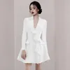 Spring Fashion Elegang Women's Dress V Collar Lotus Leaf Side Long Sleeve Sexy & Club A-Line Ruffles Full Solid 210615