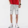 Summer white Men Ripped Loose Straight Jeans Short Fashion Hip hop Bermuda Holes male Solid color Casual Beach Denim shorts 210713
