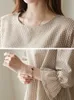 Aelegantmis losse linnen vrouwen plaid blouses o hals kraag drie kwart ruche mouw pullover tops dames casual shirts 210607