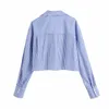 VUWWYV Chic bleu blanc recadrée chemises à rayures pour femmes été poche boutonné chemise femme à manches longues haut 210430