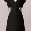 Mode Style manches bouffantes robe de soirée femmes été col en v mince femme Vestidos Vintage noir élégant dames longues 210506
