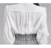 Conjunto de 2 piezas para mujer, moda de primavera, camisa de gasa con cuello en V de manga larga blanca, Top + falda lápiz de un solo pecho a cuadros 210519