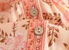 Boho rosa körsbärsblomma blomma tryck klänning etnisk kvinna justerbar lacing up midja single-breasted knapp klänningar strand 210429