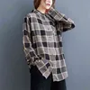 Vår Höstkonst Style Kvinnor Långärmad Lösa Skjortor 100% Bomull Plaid Nedgång Krage Casual Blusar Toppar M537 210512