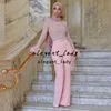 Rosa Jumpsuit Prom Klänningar Muslim Middle East Luxury Bead Top Feather Full Sleeve Outfit Pants Evening Wears Robes de Soirée