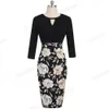 Nice-forever Elegant Floral Print Patchwork Office Hollow Out Vestidos Business Party Autumn BodyCon Women Dress B556 210419