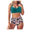 Women's Swimwear 40 # Mulheres Vintage Bandeau Biquini Biquini Duas peças retro Halter Sexy Bathing Suit Push Up Ruched High Cintura Imprimir Biquini