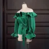 Women Blouses Tops Shirts Off Shoulder Ruffles Long Lantern Sleeves Sexy Christmas with Waist Belt Spring Fashion Lady Bluas 210416