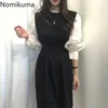 Nomikuma Slim Piate Sash зашнуровать платье женщины Vestidos Femme Contrast Color o шеи с длинным рукавом платья женский корейский Chic 3D288 210514