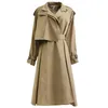 Kvinnors Trench Coats Coat för kvinnor 2021 Vår och Höst British Style Suit Collar Top Elegant Khaki Färg Modig Lång