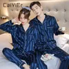 Caiyier casais pijamas conjunto mulheres homens seda cetim sleepwear manga longa + calça nightwear casual stripe de inverno pijama loungewear x0526