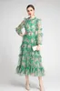 Kadın pist elbisesi o boyun uzun kollu katmanlı fırfırlar baskılı çiçek moda orta elbise vestidos parti giymek