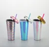 The latest 24OZ double-layer plastic coffee mug, straight-shaped water cup with glitter straw, supports customized logo