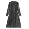 Z długim rękawem Wysoka talia Elegancki Vintage Midi Damskie sukienki Koreański Dorywczo Bow Drukuj Szyfonowe Kobiety Sukienka Vestidos Odzież 8636 50 210508