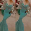 Plus 2021 Size Arabic Aso Ebi Mermaid Sexy Sparkly Prom Dresses Long Sleeves Sheer Neck Evening Formal Party Second Reception Bridesmaid Gowns Dress Zj202