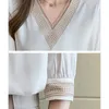 Camisas Verão Mulheres Manga Médio Branco Chiffon Blusa Moda Hollow v Neck Top Long Top Feminino Blusas Mujer 13367 210508