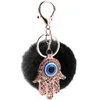 Söt Rhinestone Devils Palm Blue Eye Car Keychains Fake Fur Women Trinket Bag Key Ring Smycken Gift