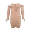 Hud svart av axel strapless långärmad mantel bodycon sexig elegant party club mini kort klänning solid d0814 210514