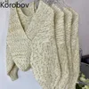 Korobov Koreański Styl Trykotowy Sweter Kobiety V Neck Z Długim Rękawem Sweter Bugers Cross Design Casual Topy Nowy Chic Pull Femme 210430