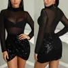 Sexiga Kvinnor Bandage Bodycon Långärmad Evening Party Club Kort Mini Dress 2021 Fashion Mesh Sheer Sequined High Waist Dresses Casual