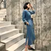 Herbst Blau Koreanische Denim Lange Kleid Frauen Hülse V-ausschnitt einreiher Gürtel Splitting Vintage Kleider Vestidos 210513