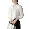 White Chiffon OL Shirts Spring Autumn Women Long Sleeve V-neck Ribbon Blouse Office Work Ladies Tops Blusas Mujer S441 210512