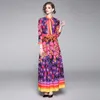 GÜZ Kadın Maxi Elbise Çiçek Baskı Gökkuşağı Çizgili Şifon Artı Boyutu Boho Tarzı Vestidos Zarif Papyon Yaka Uzun Elbise 210514