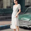 프랑스 쉬폰 Boho Beach Long Dress 여성 퍼프 슬리브 포인트 인쇄 빈티지 한국어 캐주얼 여름 우아한 분할 robe 210514