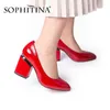 Sophitinaファッションパンプス女性セクシーな尖ったつま先固形浅い快適なスクエアヒールオフィスシューズハンドメイドポンプ210513
