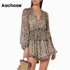 Aachoae Leopard Print Sexy V Neck Ruffles Mini Women Bow Tie Transparent Beach Dresses Lantern Long Sleeve Summer Dress 210413