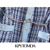 KPYTOMOA Femmes Mode avec chaîne Ceinture Patchwork Denim Tweed Veste Manteau Vintage Manches Longues Poches Femelle Survêtement Chic Tops 211126