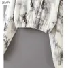 Zevity Femmes Vintage Encre Tie Teint Peinture Casual Sweat-shirts à capuche Dames Hem Sweats à capuche élastiques Marque Chic Tops H300 210603
