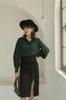 Fall Women Green Top Lantern Sleeve Blouse Button Up Collar Long Shirt Casual Autumn Ladies 210427