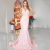 Rosa sjöjungfrun kvällsklänningar avtagbara tåg spets applikationer v hals backless tulle formell prom party kappor