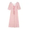夏のドレスの女性かわいいピンクのruchedドレスフランス背中のバックレスネクタイの包帯vestidoファッション半袖ミディローブ210520