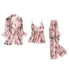 女性の寝室3片サテンシルクパジャマをセット女性ナイトドレスランジェリーローブアンダーウェアセクシーな花柄プリントスリープウェア