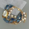 YYGEM 4 Strands Natural Blue Kyanite Nugget White Round Freshwater Pearl Cz Chain statement Bracelet Handmade for women