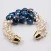 Biżuteria Guaiguai 5 Strands Natural White Keshi Pearl Pearl Blue Glass Kryształ Monety Bransoletka Handmade dla kobiet