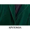 KPYTOMOA Kvinnor Mode Metal Knapp Velvet Green Blazer Coat Vintage Långärmad Flapfickor Kvinnlig Ytterkläder Chic Veste 211122