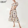 DEAT New Summer Fashion Women Clothes Printed High Waist Hollow Out A-line Pullover TOP And Long Skirt Two Pieces Set WR523 210428