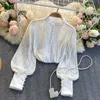 Summer Blouse Women White Black Lantern Sleeve Stand Collar Pearl Buttons Korean Fashion Loose Female Shirt Blusas 210603