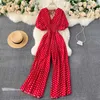 Women Summer Polka Dot Puff Sleeve Jumpsuit Elastic Waist Wide Leg Romper Casual V-neck Pocket Holiday Beach Overalls 210603