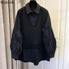 Coréen Chic tricoté gilet Patchwork faux deux pièces Blouse manches bouffantes solide noir hauts pull Sueter Mujer 210519