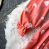 Kvinnors Höst Nipped Waist V-Neck Bandage Klänningar Paneled Print Big Swing Midi Dress Lace Up Petal Sleeve Vestidos GK389 210507