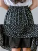 グリーンフローラルプリントスカート女性ビンテージ弾性ハイウエストミディ快適な夏休みマルチパターンB04910B 210619