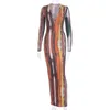 Boofeenaa Stripe Tie Dye Print Sexig Maxi Drspring 2021 Casual Long Drwomen Nattklubb Långärmad Bodycon Dresses C70CC31 X0529